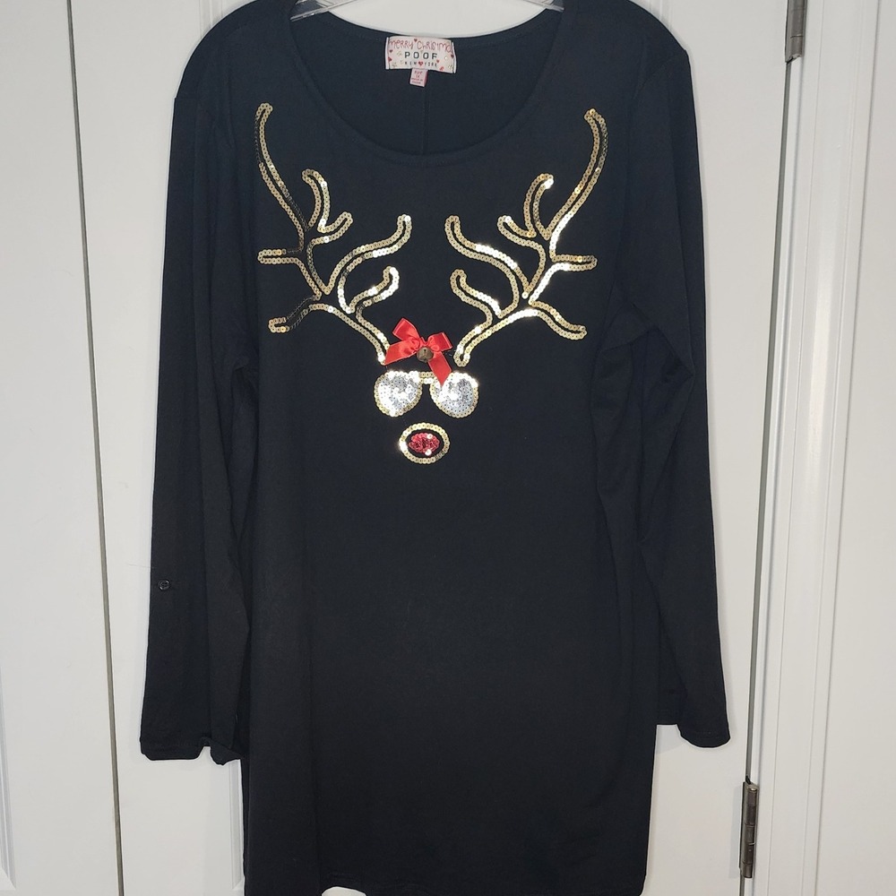 POOF New York Black Long Sleeve Reindeer Sequin Christmas Sweater 1X